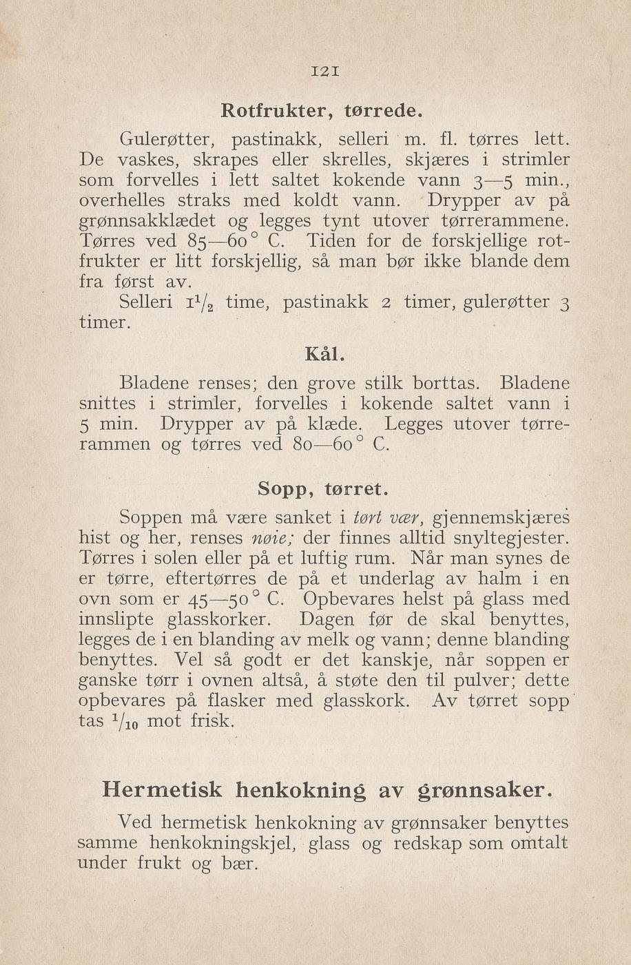Faksimile av «Tørkede rotfrukter» fra Syltning, grønnsakers opbevaring, vegetar-retter 1929