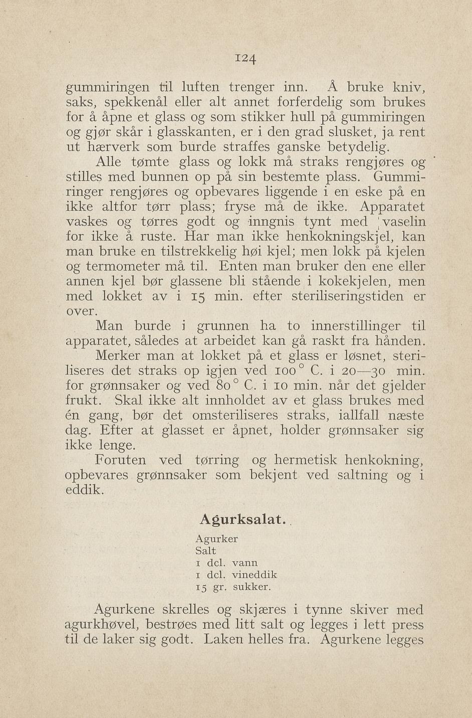 Faksimile av «Agurksalat» fra Syltning, grønnsakers opbevaring, vegetar-retter 1929
