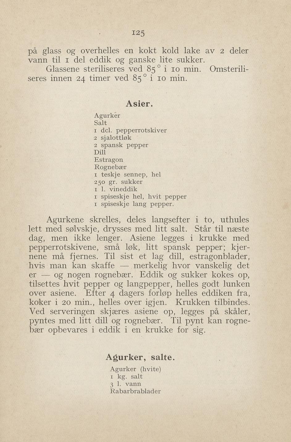 Faksimile av «Asier (syltede agurker)» fra Syltning, grønnsakers opbevaring, vegetar-retter 1929