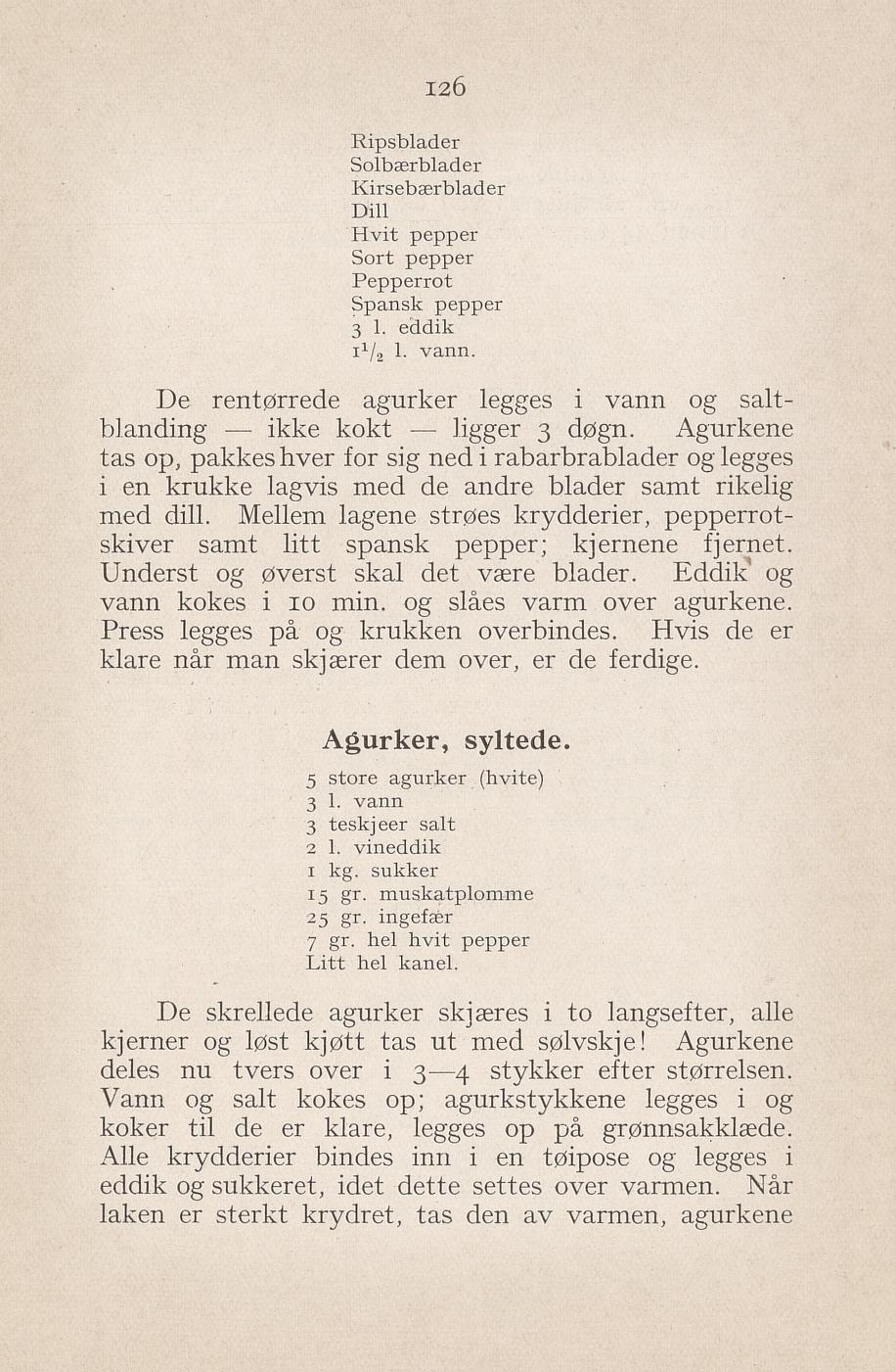 Faksimile av «Syltede agurker» fra Syltning, grønnsakers opbevaring, vegetar-retter 1929