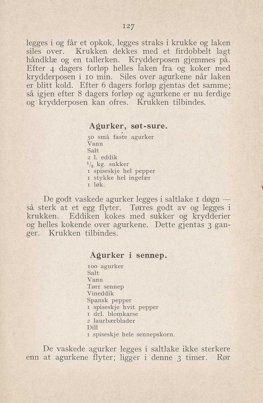 Faksimile av «Agurker i sennep» fra Syltning, grønnsakers opbevaring, vegetar-retter 1929