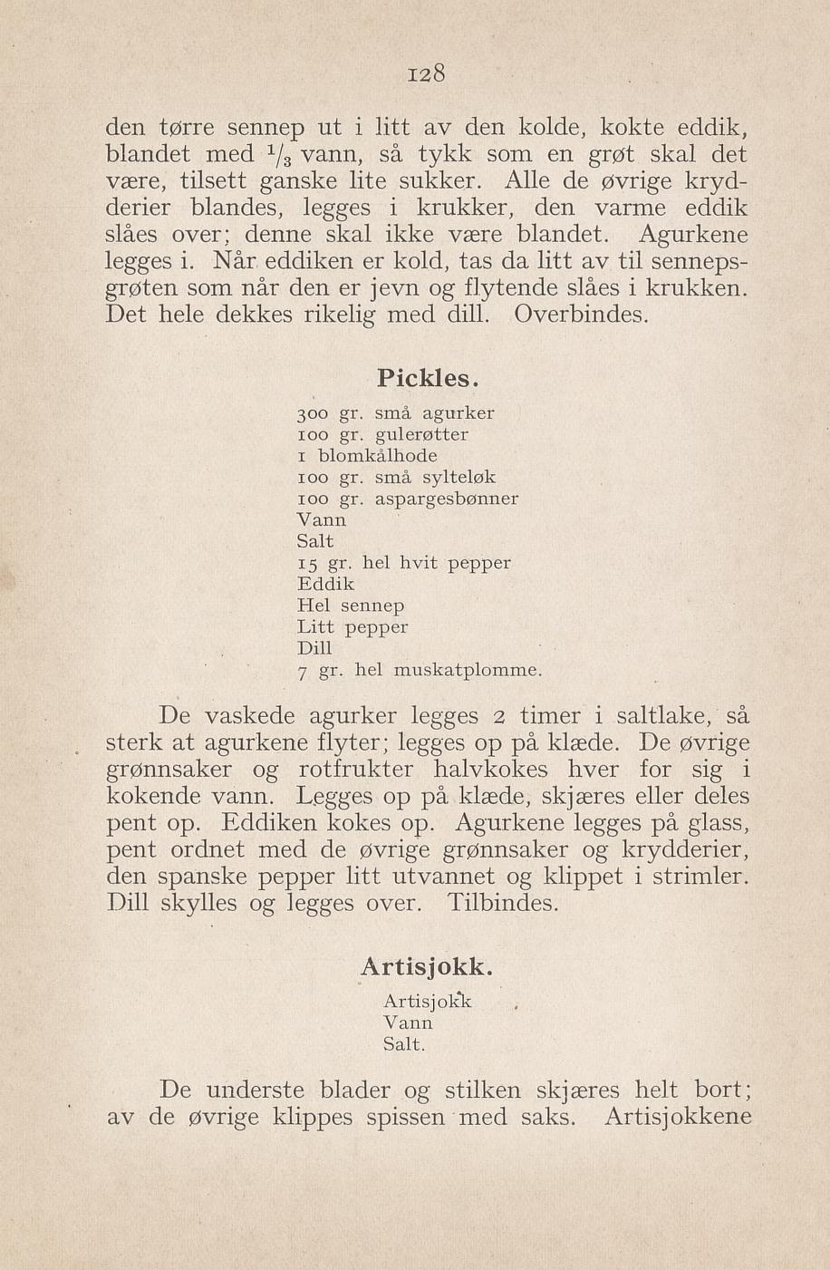 Faksimile av «Pickles» fra Syltning, grønnsakers opbevaring, vegetar-retter 1929
