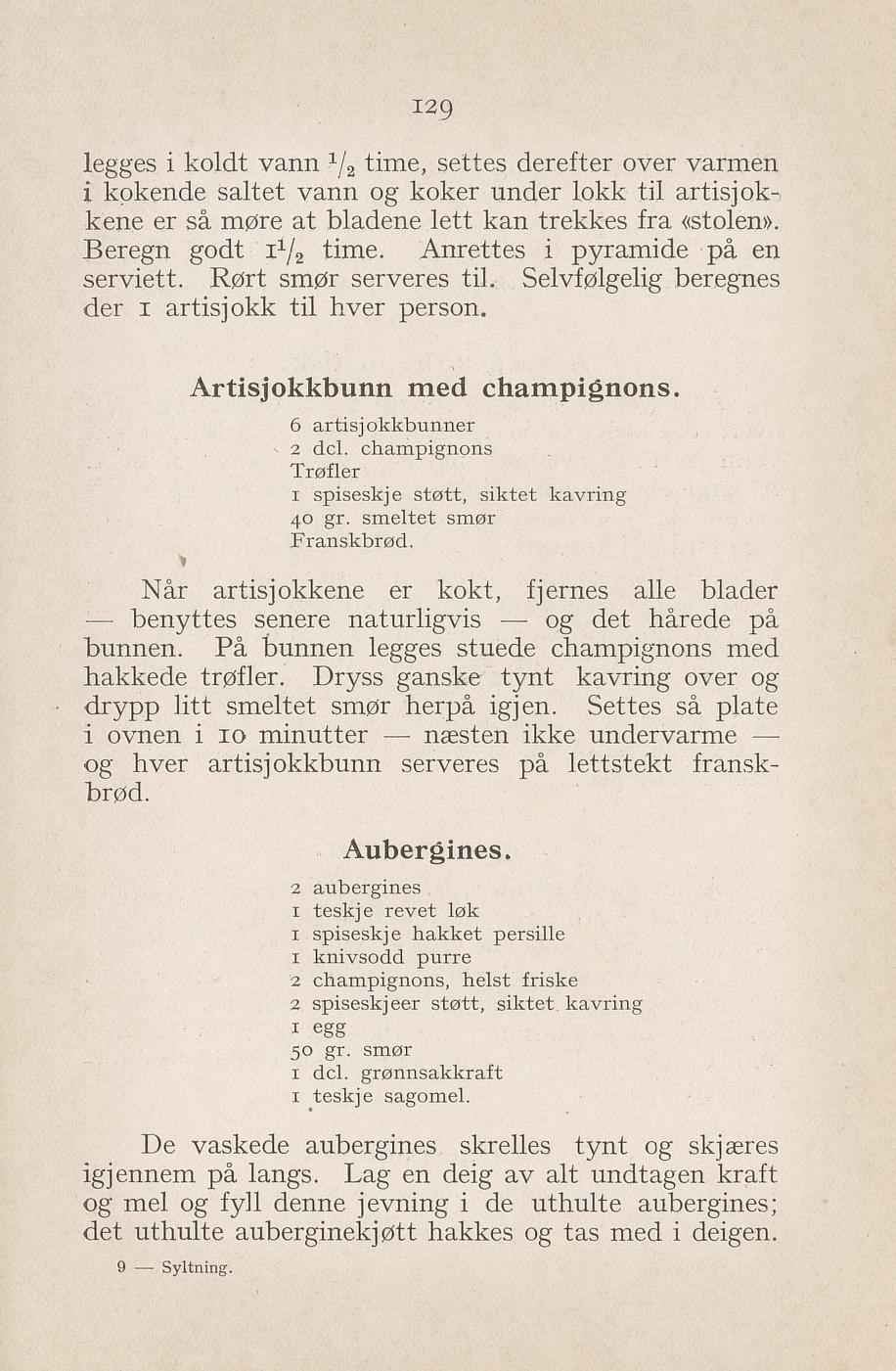 Faksimile av «Artisjokkbunner med champignon» fra Syltning, grønnsakers opbevaring, vegetar-retter 1929