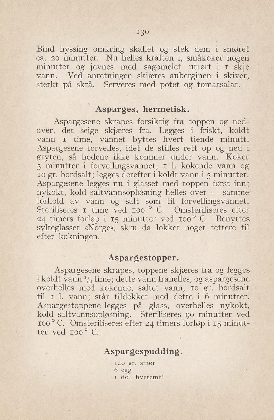 Faksimile av «Aspargestopper» fra Syltning, grønnsakers opbevaring, vegetar-retter 1929