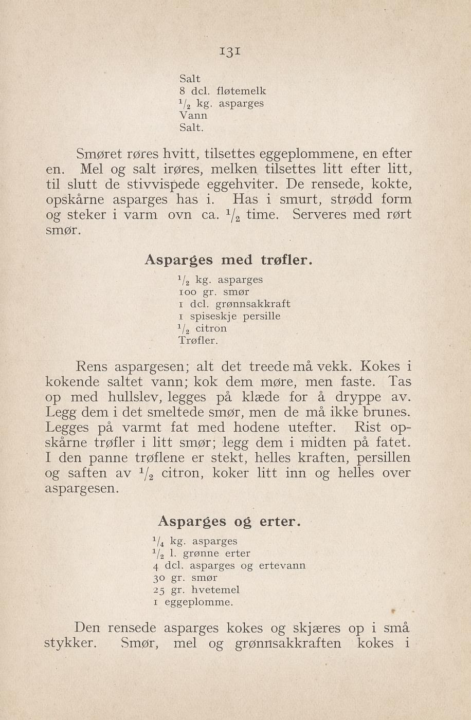 Faksimile av «Asparges med trøfler» fra Syltning, grønnsakers opbevaring, vegetar-retter 1929