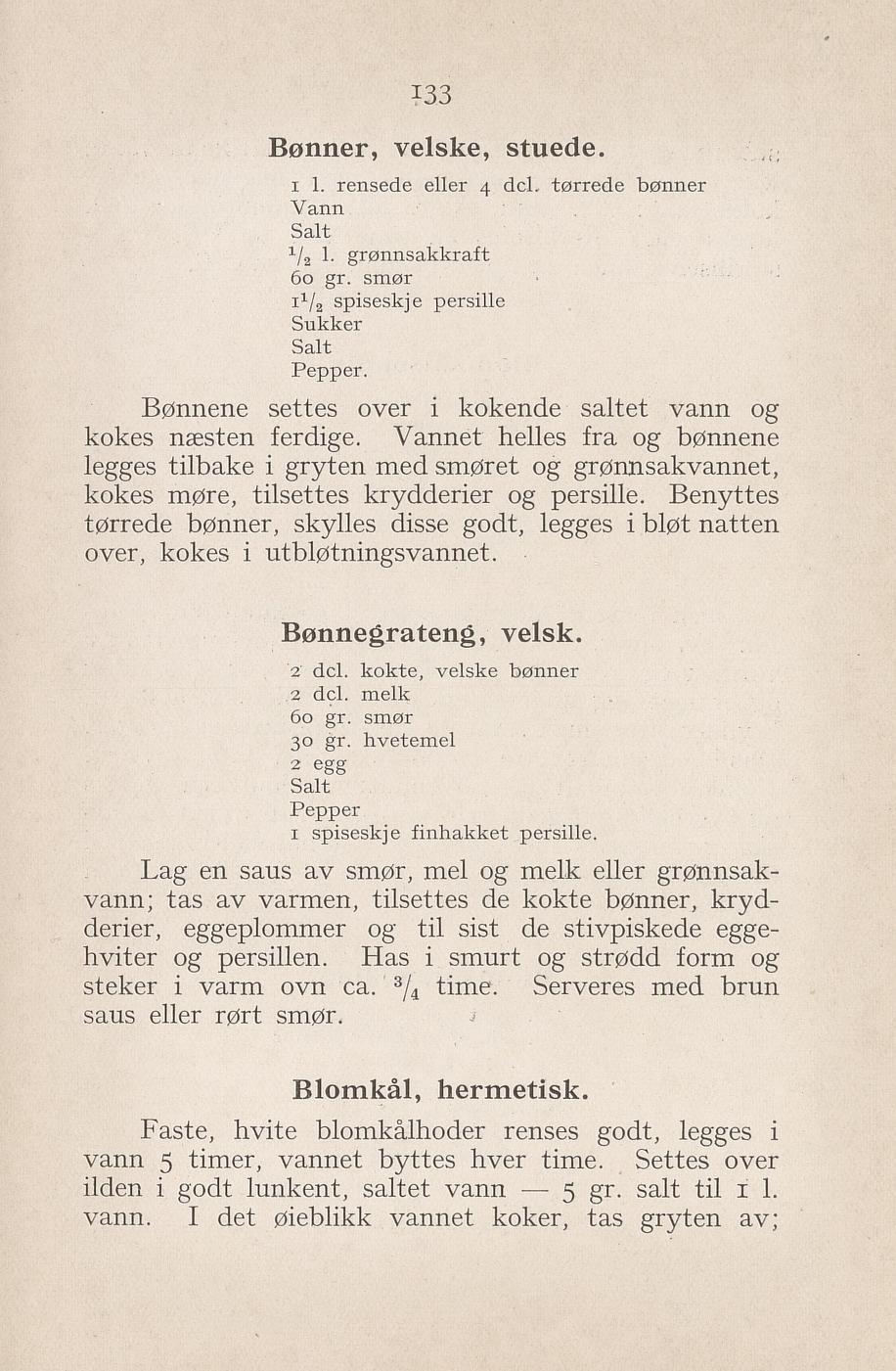 Faksimile av «Hermetisk blomkål» fra Syltning, grønnsakers opbevaring, vegetar-retter 1929