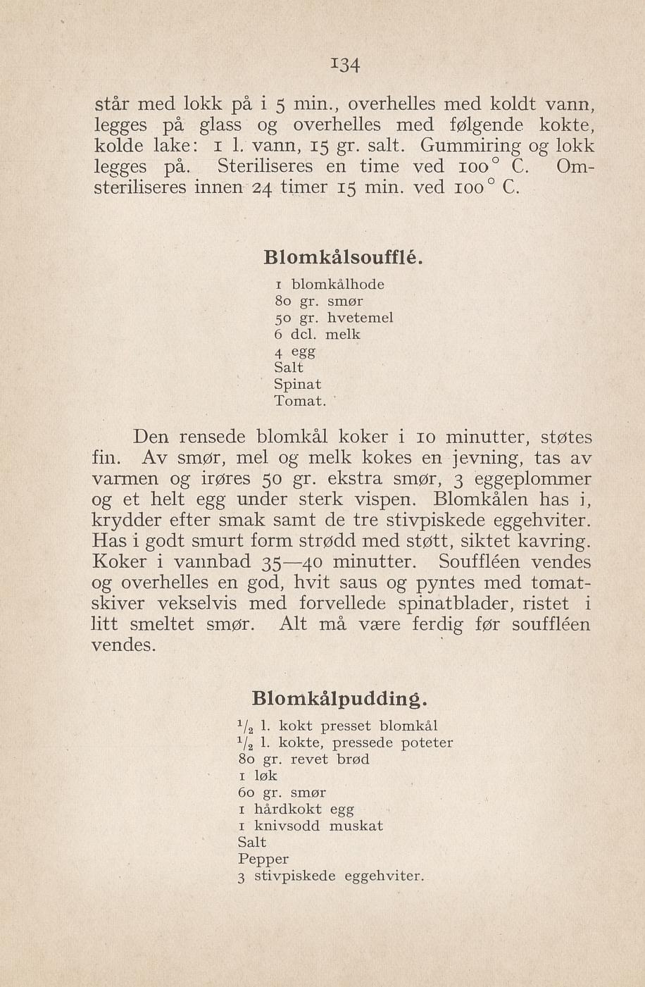 Faksimile av «Blomkålpudding» fra Syltning, grønnsakers opbevaring, vegetar-retter 1929