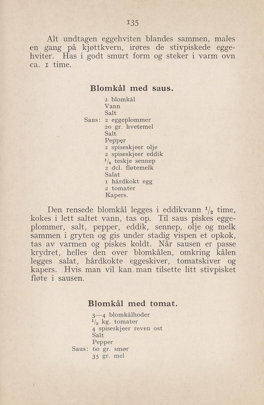Faksimile av «Blomkål med saus» fra Syltning, grønnsakers opbevaring, vegetar-retter 1929