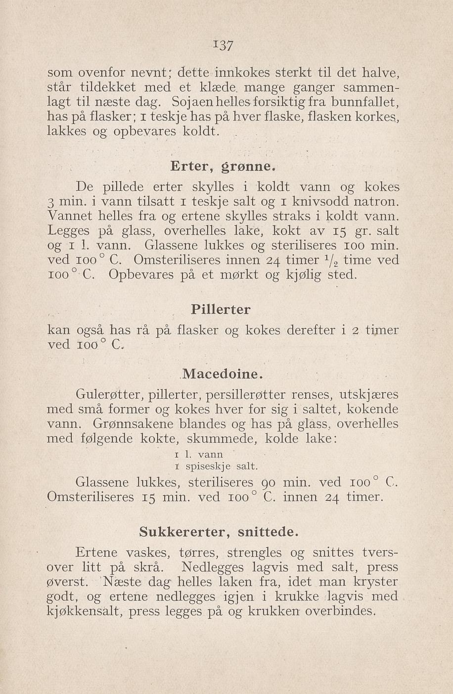 Faksimile av «Hermetiske grønne erter» fra Syltning, grønnsakers opbevaring, vegetar-retter 1929
