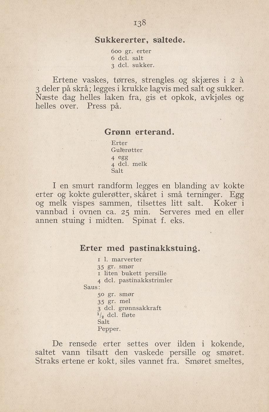 Faksimile av «Saltede sukkererter» fra Syltning, grønnsakers opbevaring, vegetar-retter 1929