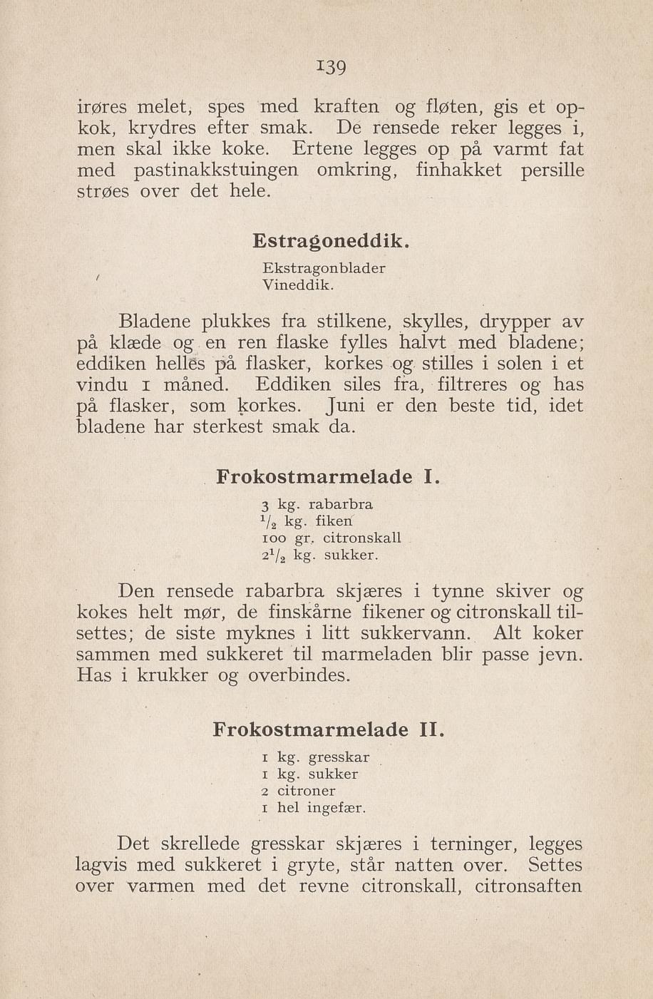 Faksimile av «Frokostmarmelade med gresskar og ingefær» fra Syltning, grønnsakers opbevaring, vegetar-retter 1929