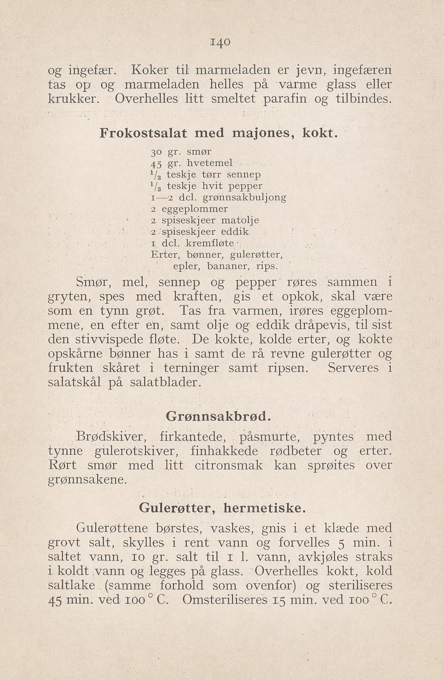 Faksimile av «Gulrøtter på glass (hermetisering)» fra Syltning, grønnsakers opbevaring, vegetar-retter 1929