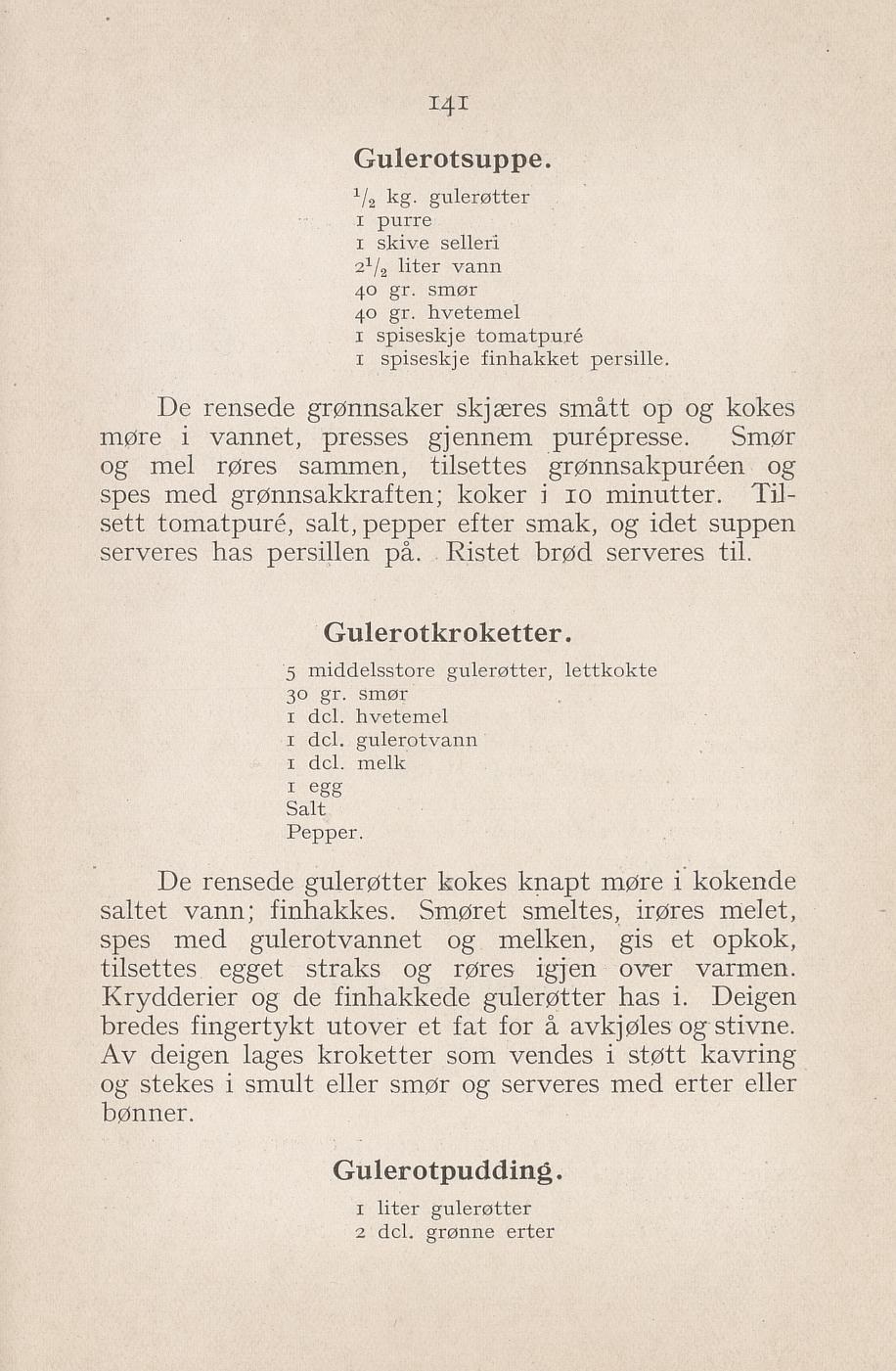 Faksimile av «Gulrotkroketter» fra Syltning, grønnsakers opbevaring, vegetar-retter 1929