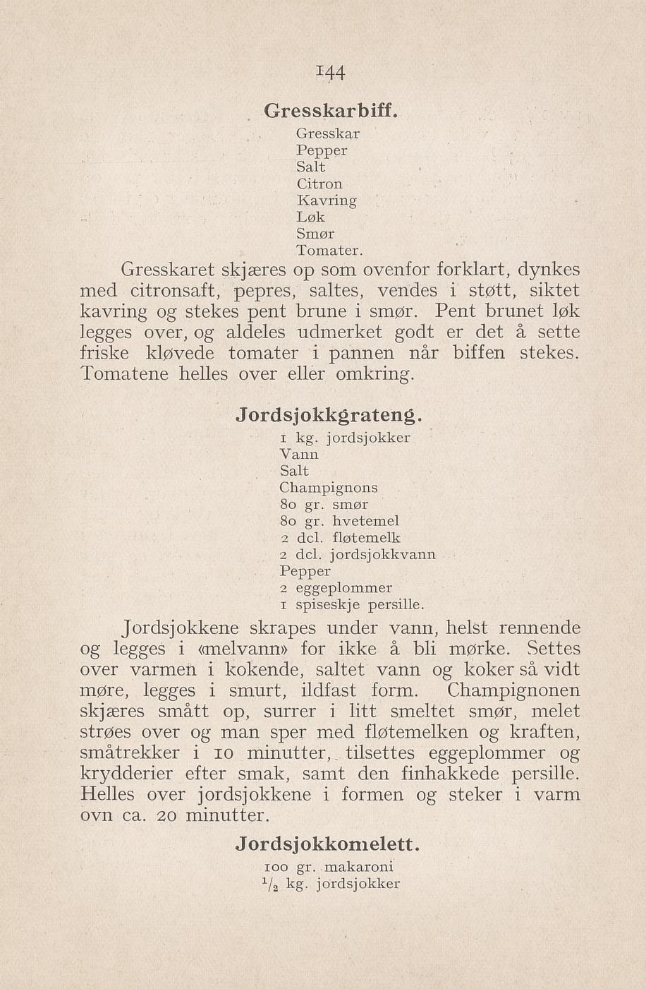 Faksimile av «Gresskarbiff» fra Syltning, grønnsakers opbevaring, vegetar-retter 1929