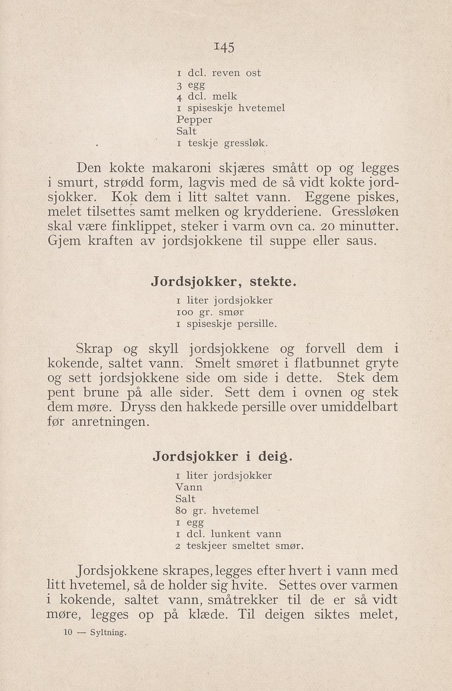 Faksimile av «Jordskokker i deig» fra Syltning, grønnsakers opbevaring, vegetar-retter 1929