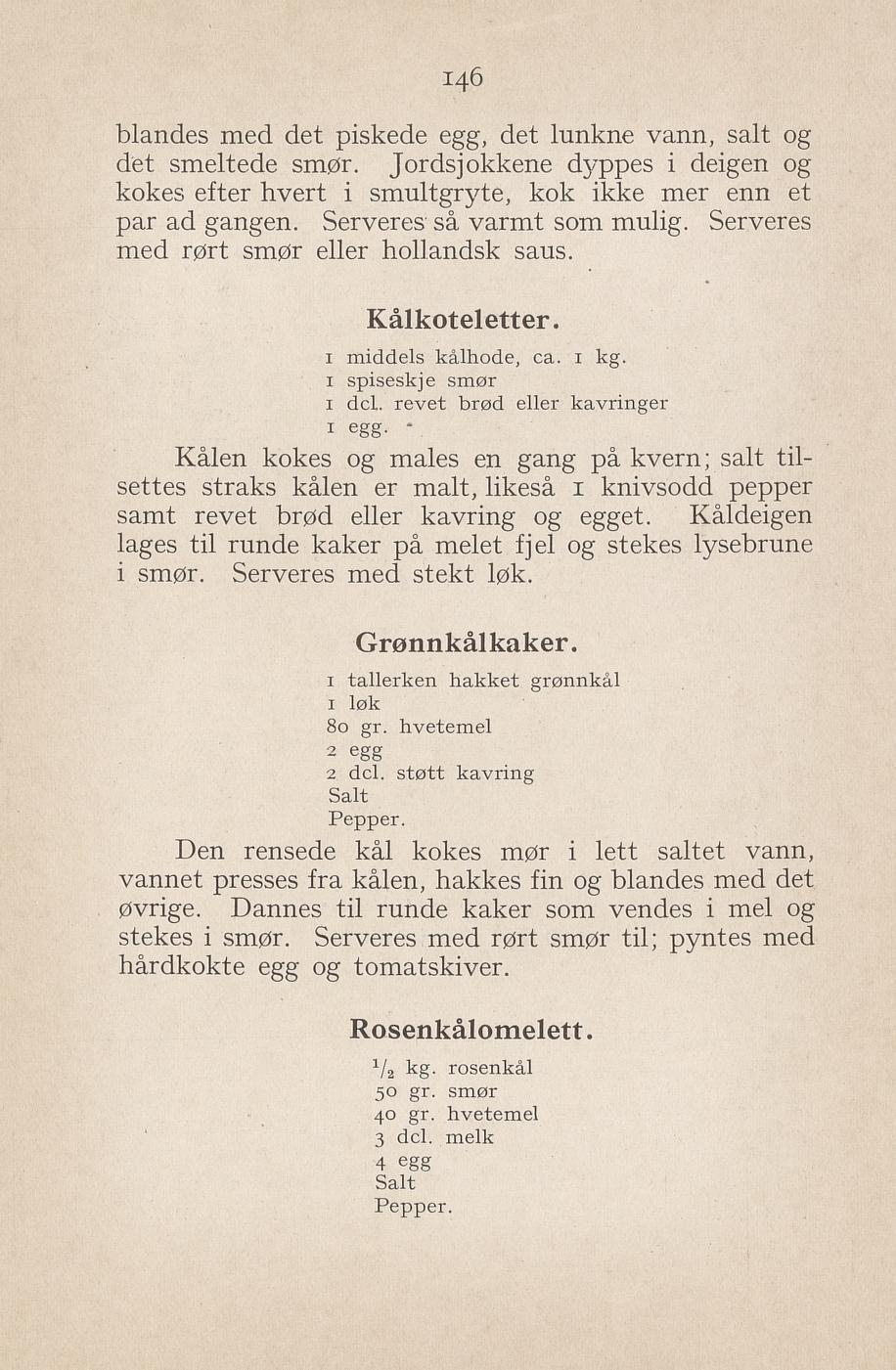 Faksimile av «Grønnkålkaker» fra Syltning, grønnsakers opbevaring, vegetar-retter 1929