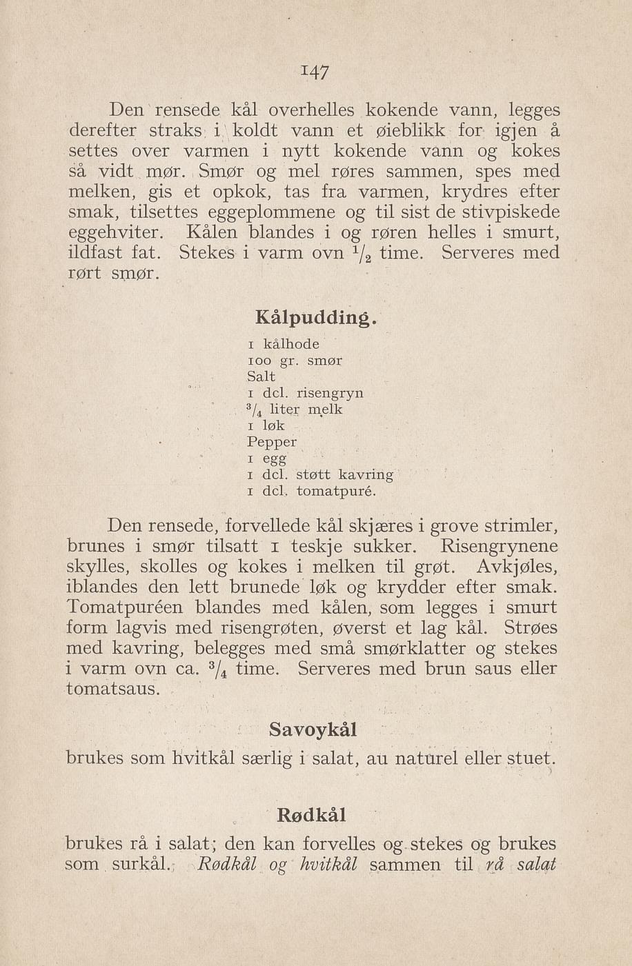 Faksimile av «Kålpudding» fra Syltning, grønnsakers opbevaring, vegetar-retter 1929