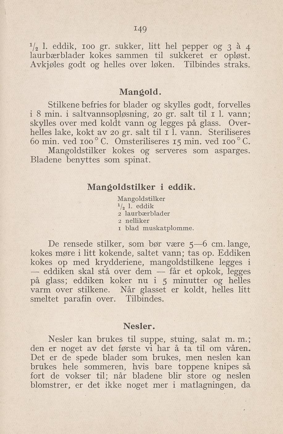 Faksimile av «Mangold på glass» fra Syltning, grønnsakers opbevaring, vegetar-retter 1929