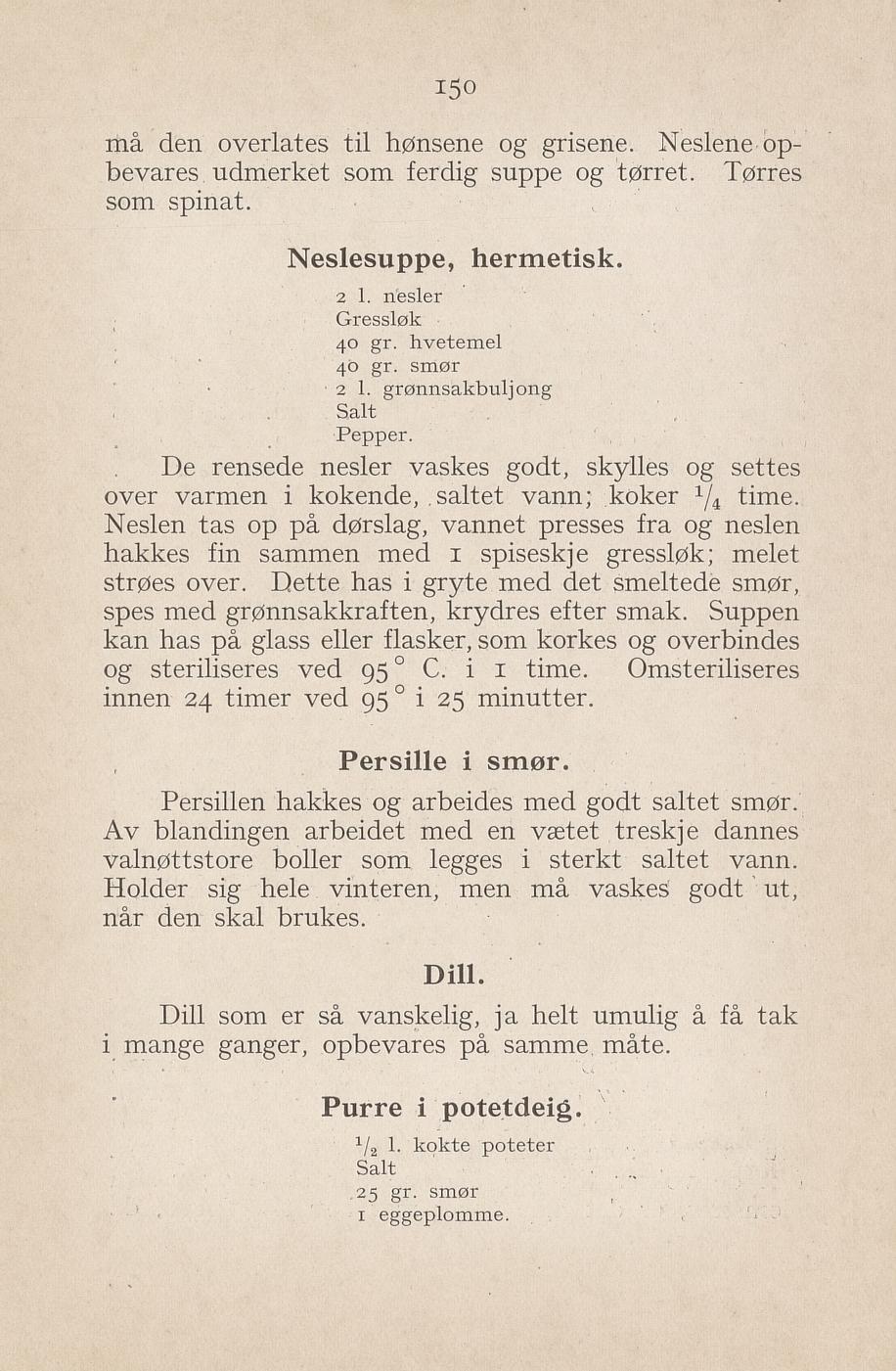 Faksimile av «Neslesuppe på glass» fra Syltning, grønnsakers opbevaring, vegetar-retter 1929