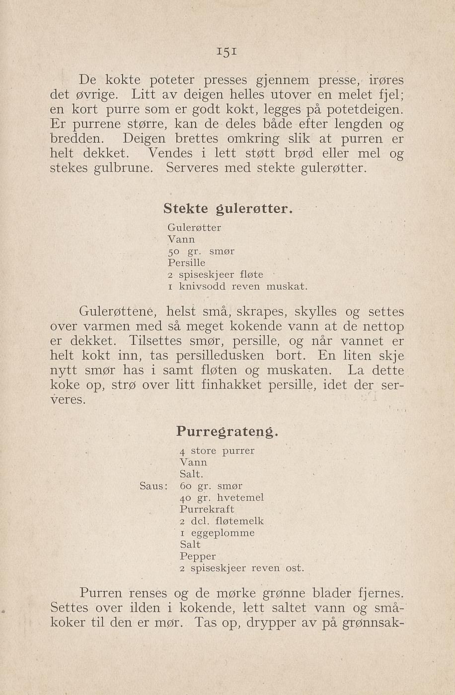 Faksimile av «Purregratinert» fra Syltning, grønnsakers opbevaring, vegetar-retter 1929
