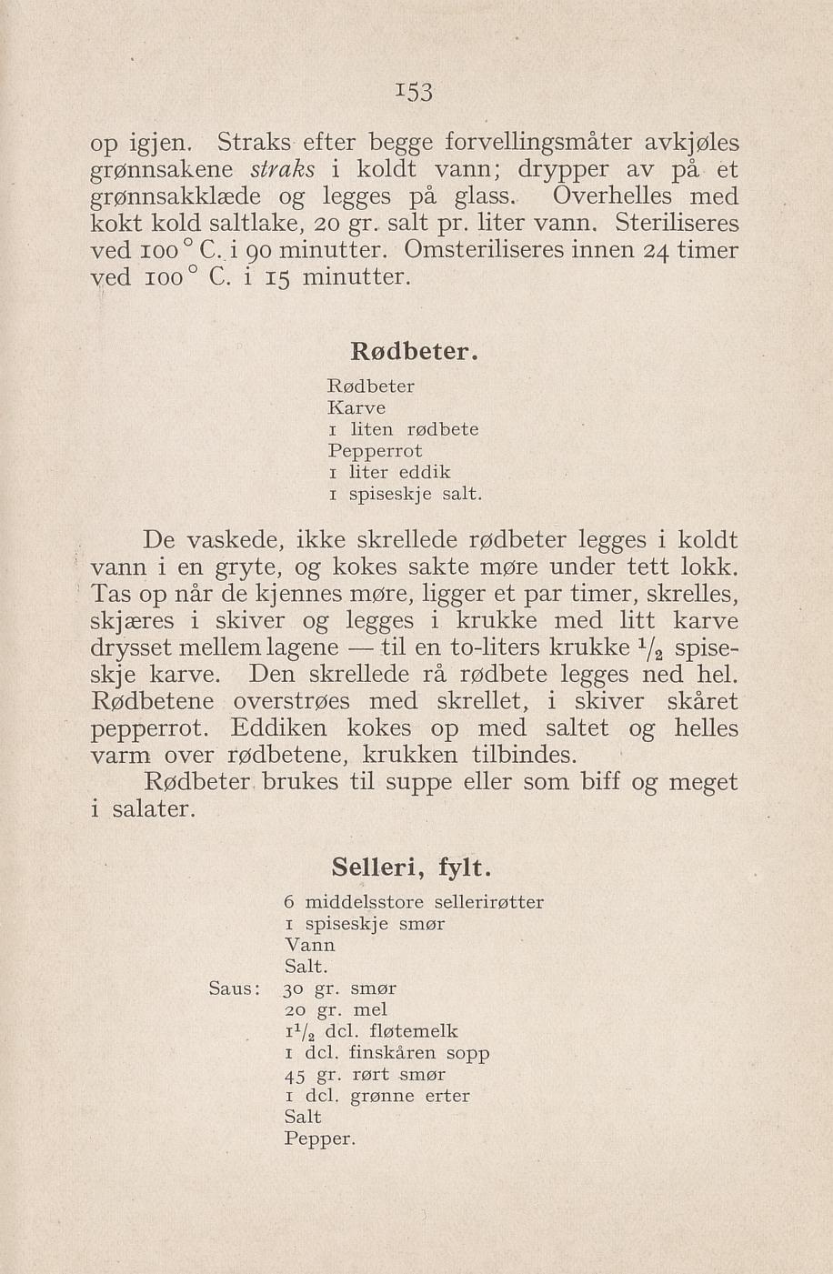 Faksimile av «Syltede rødbeter» fra Syltning, grønnsakers opbevaring, vegetar-retter 1929