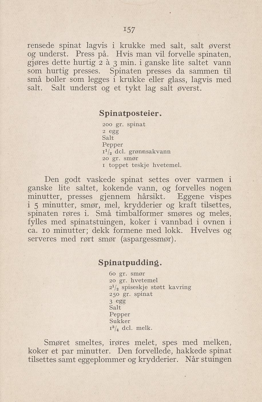 Faksimile av «Spinatposteier» fra Syltning, grønnsakers opbevaring, vegetar-retter 1929