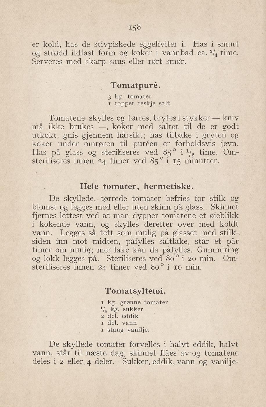 Faksimile av «Tomatsyltetøy» fra Syltning, grønnsakers opbevaring, vegetar-retter 1929