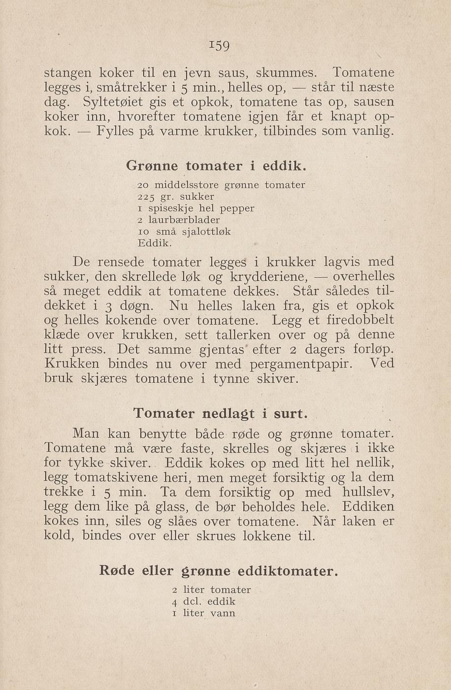 Faksimile av «Grønne tomater i eddik» fra Syltning, grønnsakers opbevaring, vegetar-retter 1929