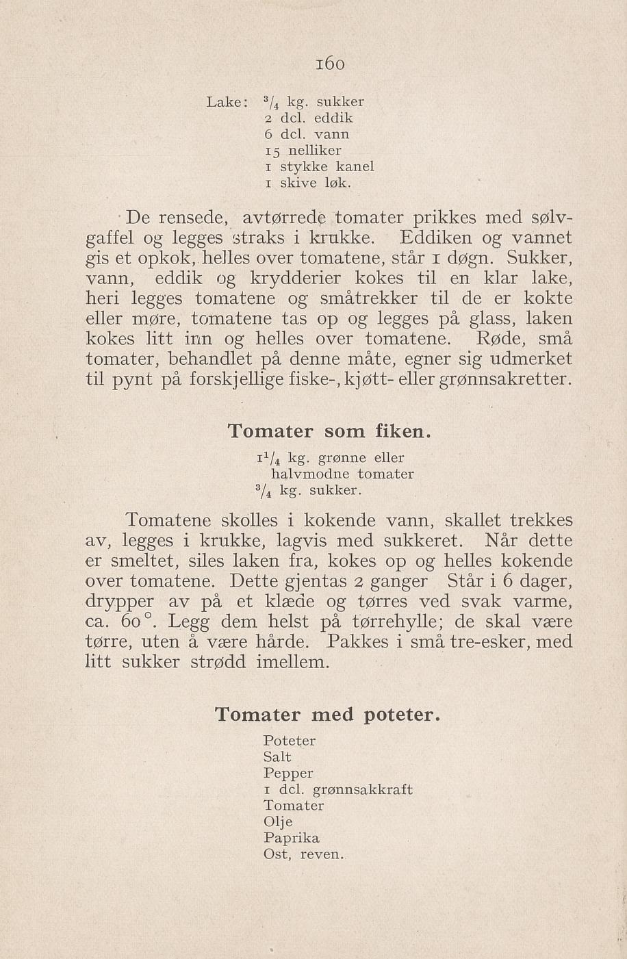 Faksimile av «Tomater som fiken» fra Syltning, grønnsakers opbevaring, vegetar-retter 1929