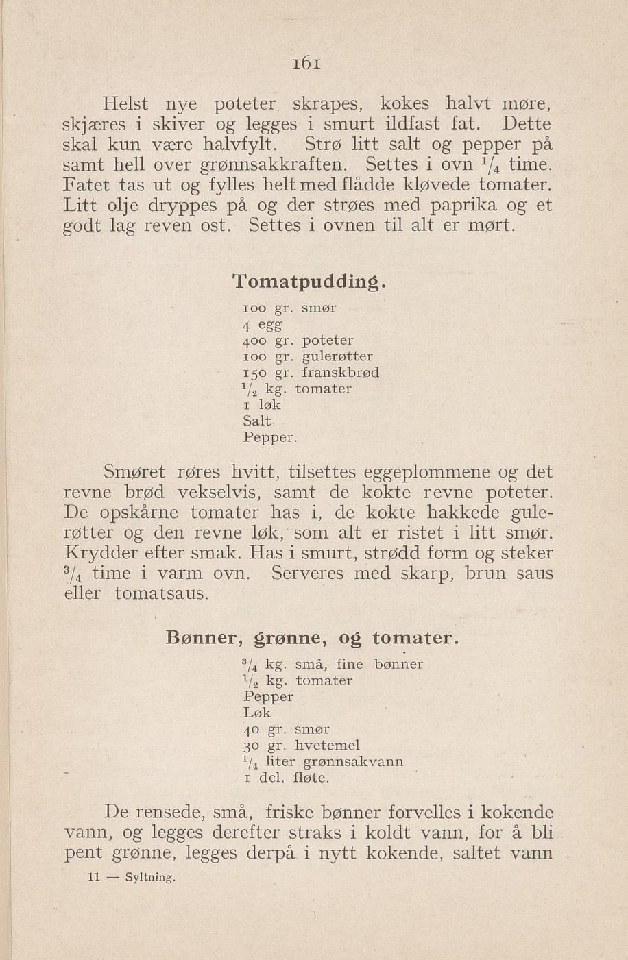 Faksimile av «Grønne bønner og tomater» fra Syltning, grønnsakers opbevaring, vegetar-retter 1929