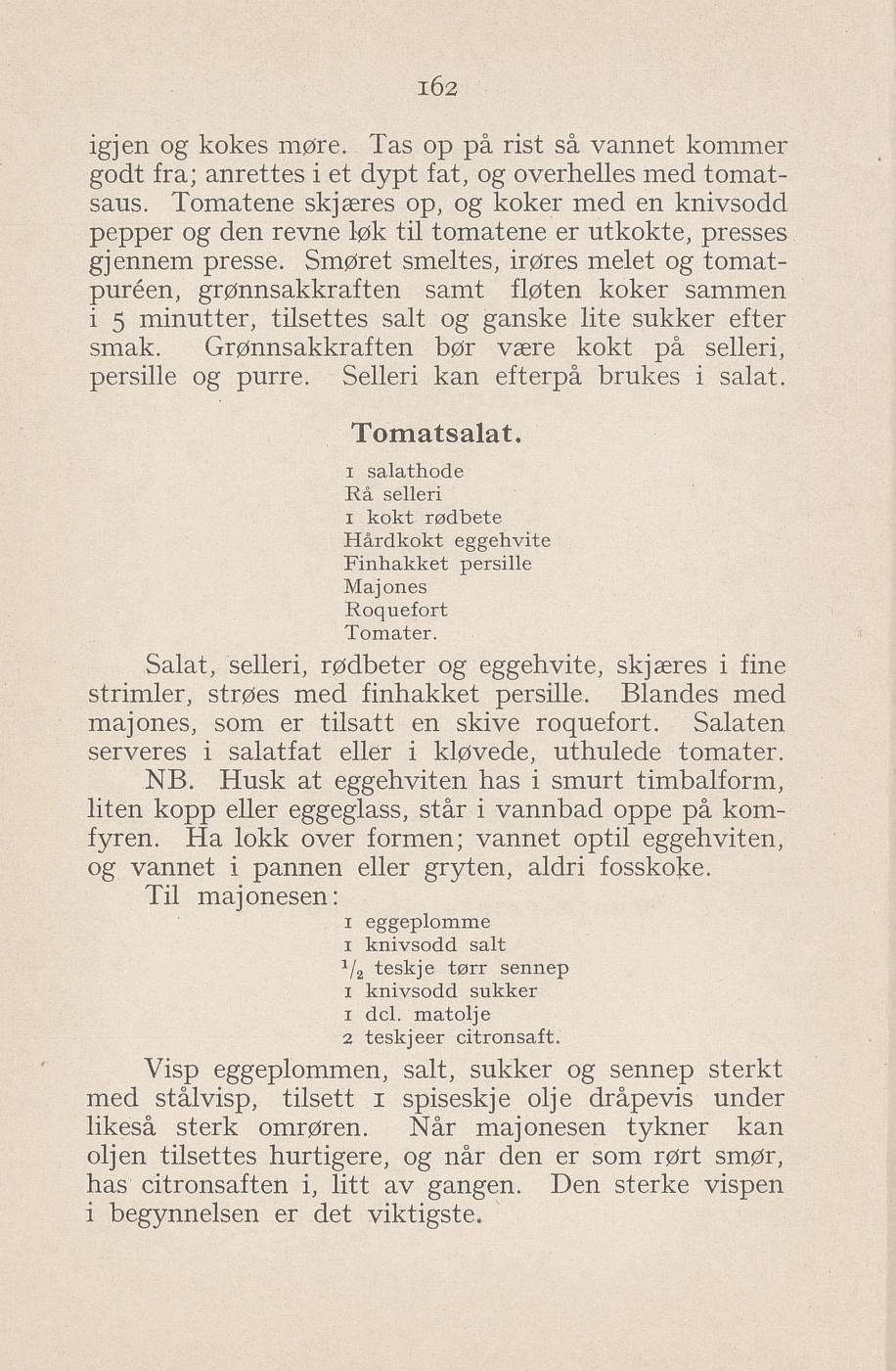 Faksimile av «Tomatsalat» fra Syltning, grønnsakers opbevaring, vegetar-retter 1929