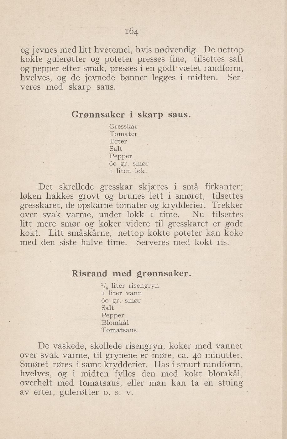 Faksimile av «Grønnsaker i skarp saus» fra Syltning, grønnsakers opbevaring, vegetar-retter 1929
