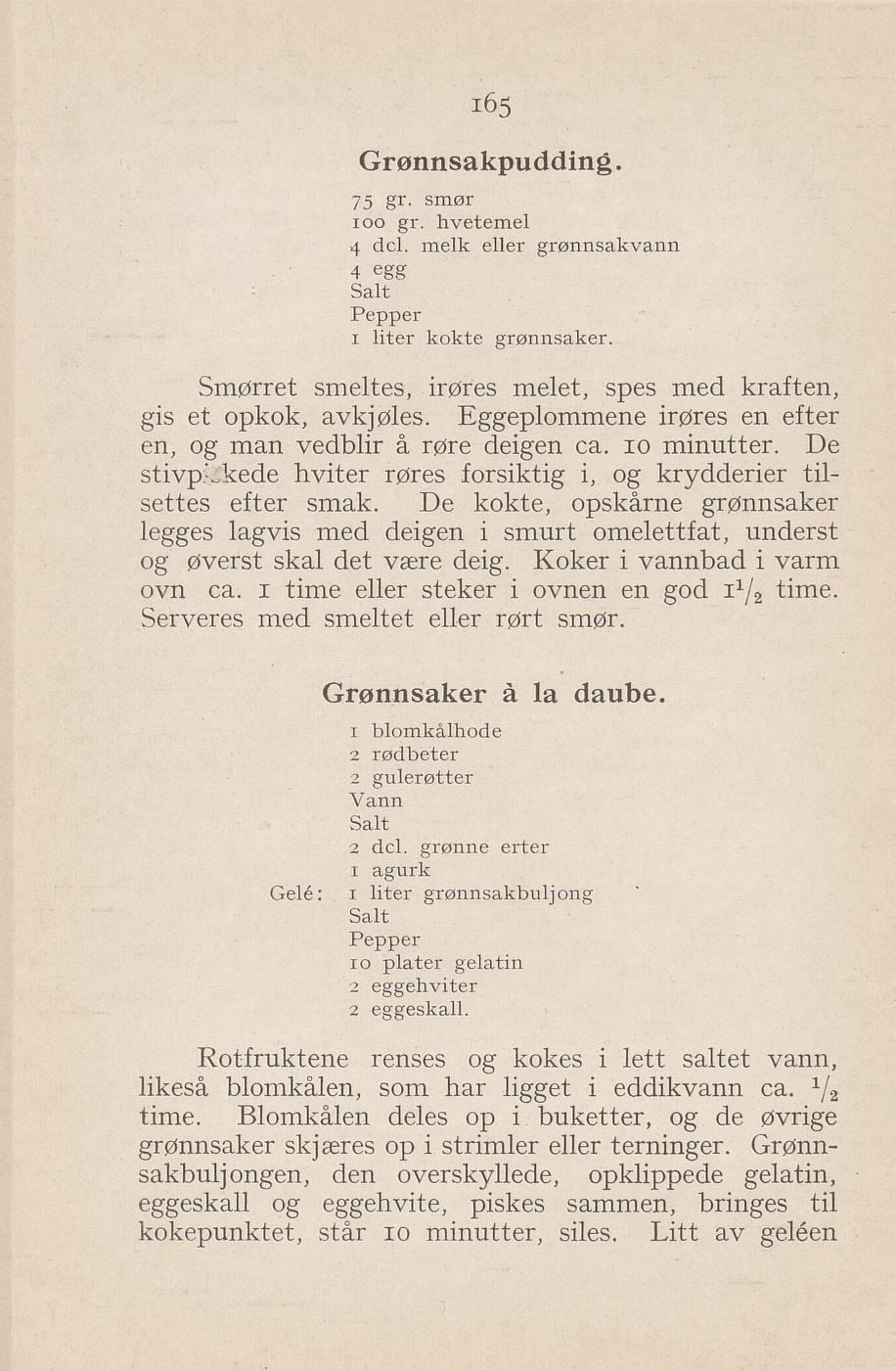Faksimile av «Grønnsaker à la daube (grønnsaker i gelé)» fra Syltning, grønnsakers opbevaring, vegetar-retter 1929