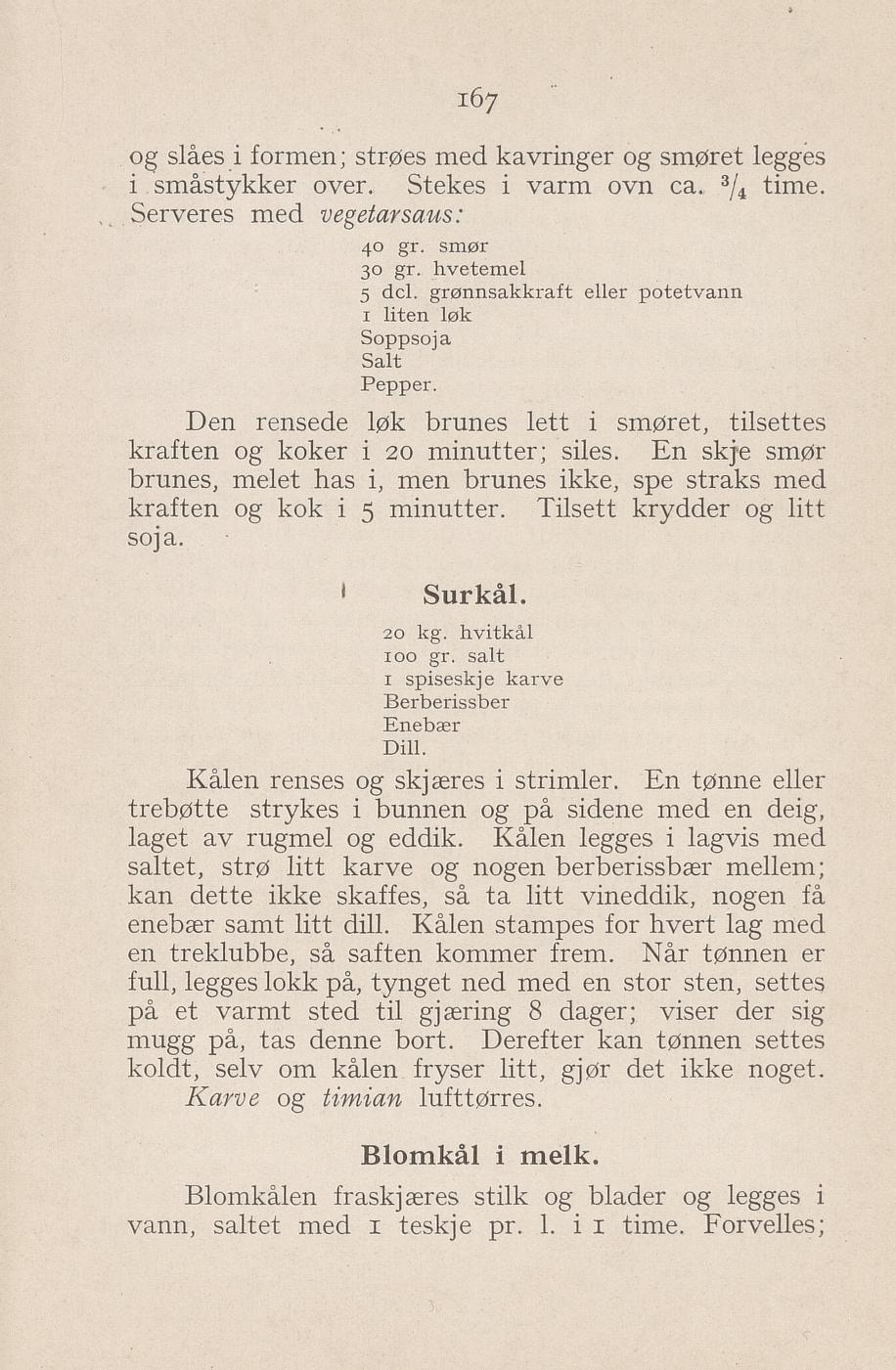 Faksimile av «Blomkål i melk» fra Syltning, grønnsakers opbevaring, vegetar-retter 1929