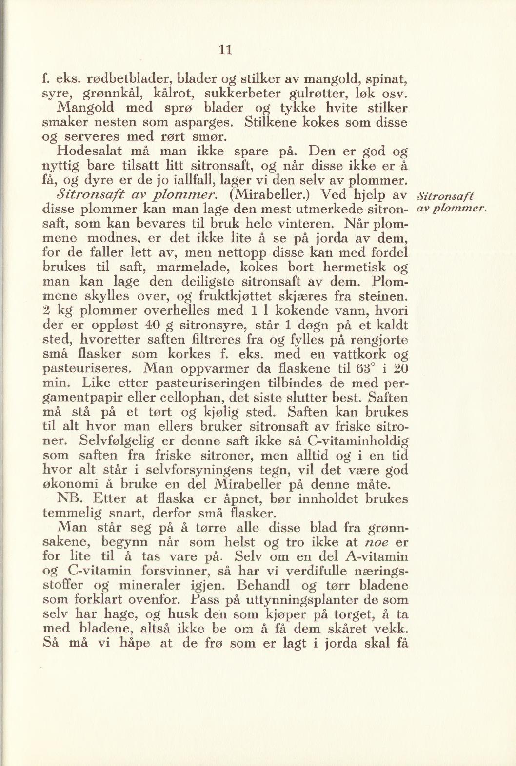 Faksimile av «Sitronsaft av plommer (Mirabeller)» fra Sylting uten sukker 1940