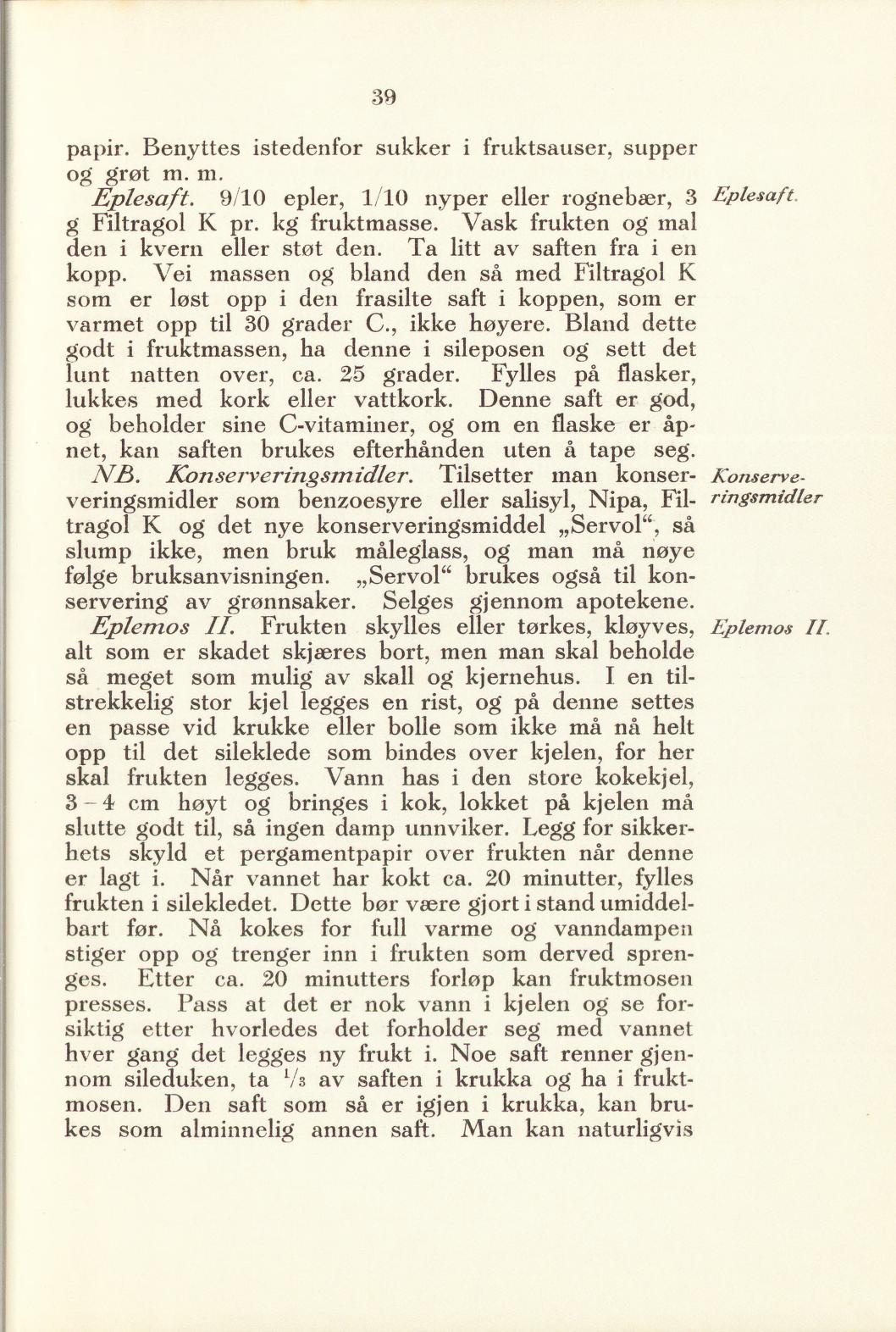 Faksimile av «Eplesaft» fra Sylting uten sukker 1940