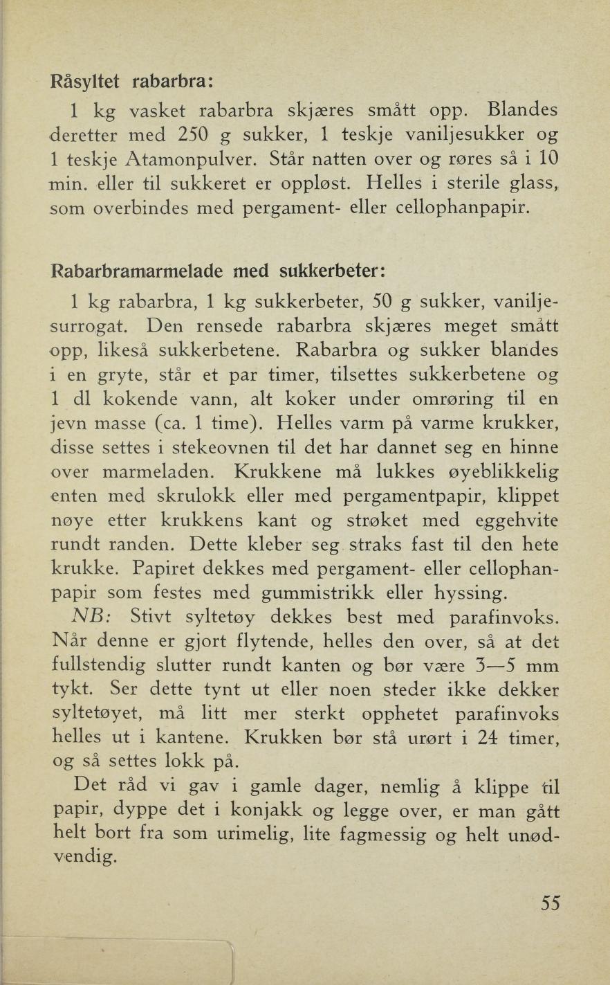 Faksimile av «Råsyltet rabarbra» fra Sylting uten sukker 1943