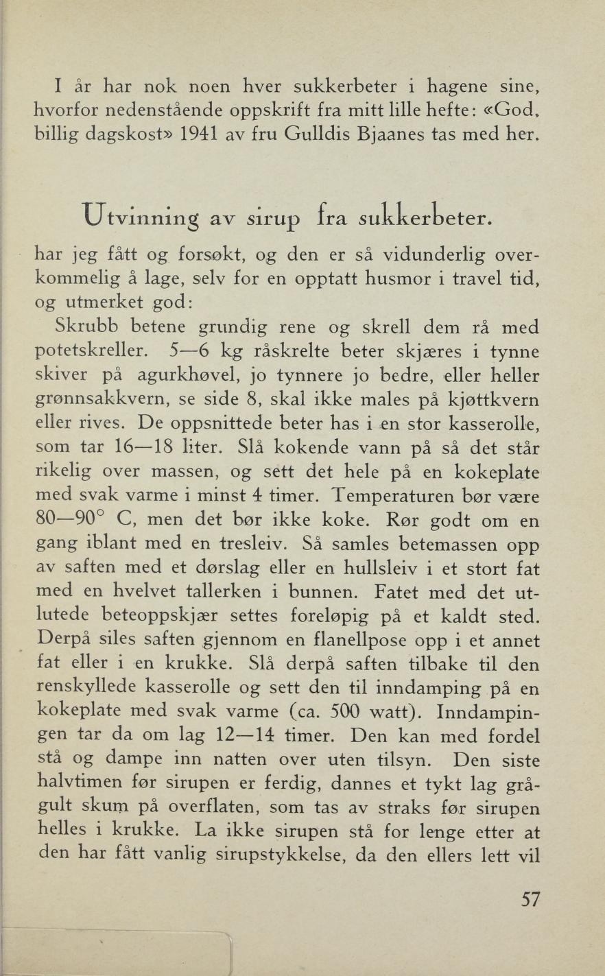 Faksimile av «Utvinning av sirup fra sukkerbeter» fra Sylting uten sukker 1943