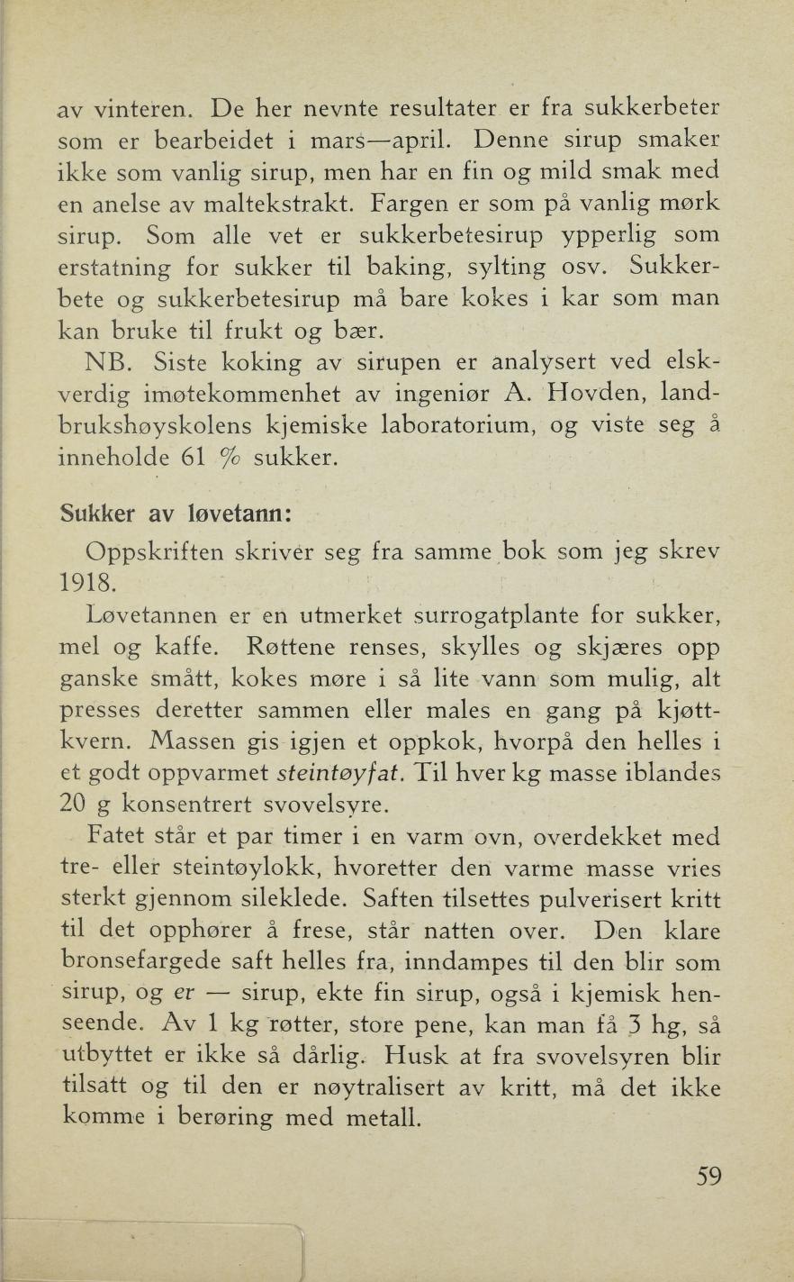 Faksimile av «Sukker av løvetann» fra Sylting uten sukker 1943
