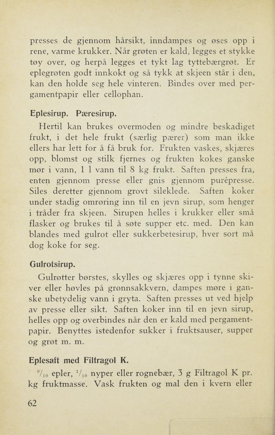 Faksimile av «Eplesaft med Filtragol K.» fra Sylting uten sukker 1943