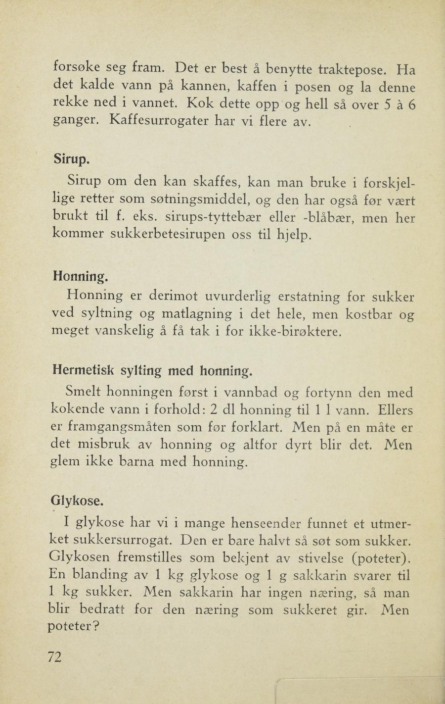Faksimile av «Hermetisk sylting med honning» fra Sylting uten sukker 1943